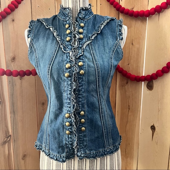 Vintage Star Jeans Vest w/ Ruffled Trim Sz. M - Picture 6 of 7